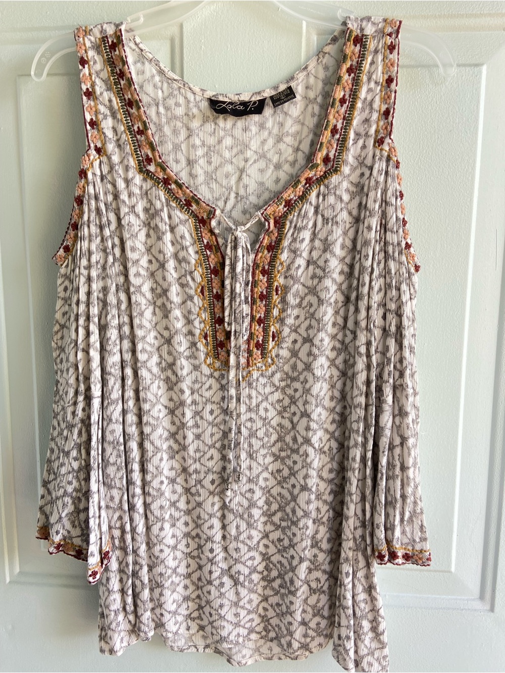 Lola P. White & Gray Printed Cold-Shoulder Tunic with Embroidered Trim